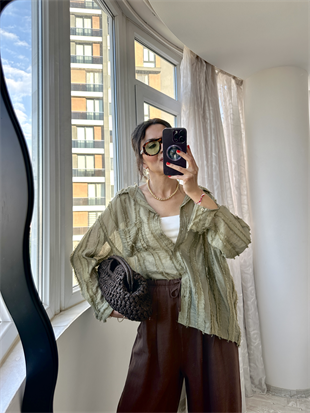 Yağ Yeşili Transparan Oversize Gömlek