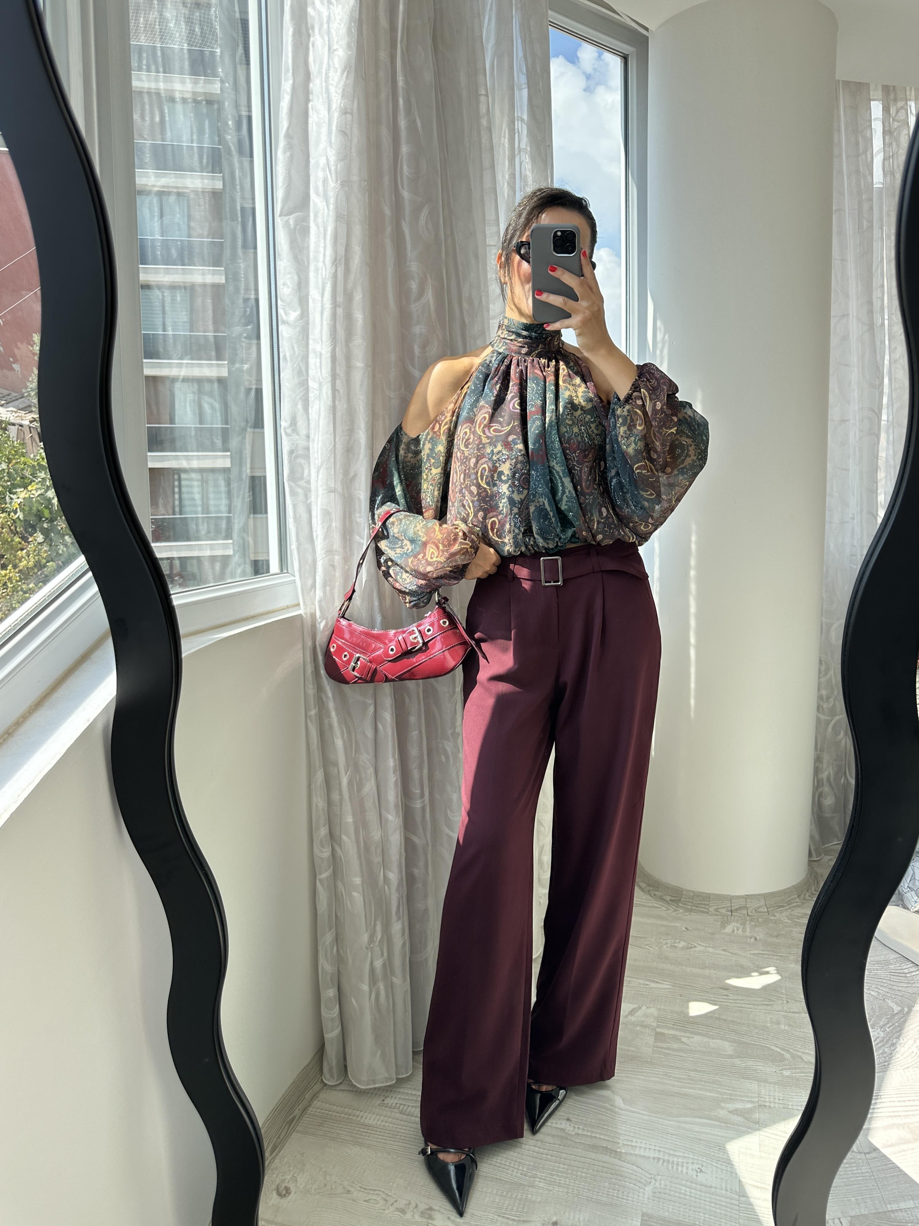 Bordo Toka Detaylı Kemerli Palazzo Pantolon