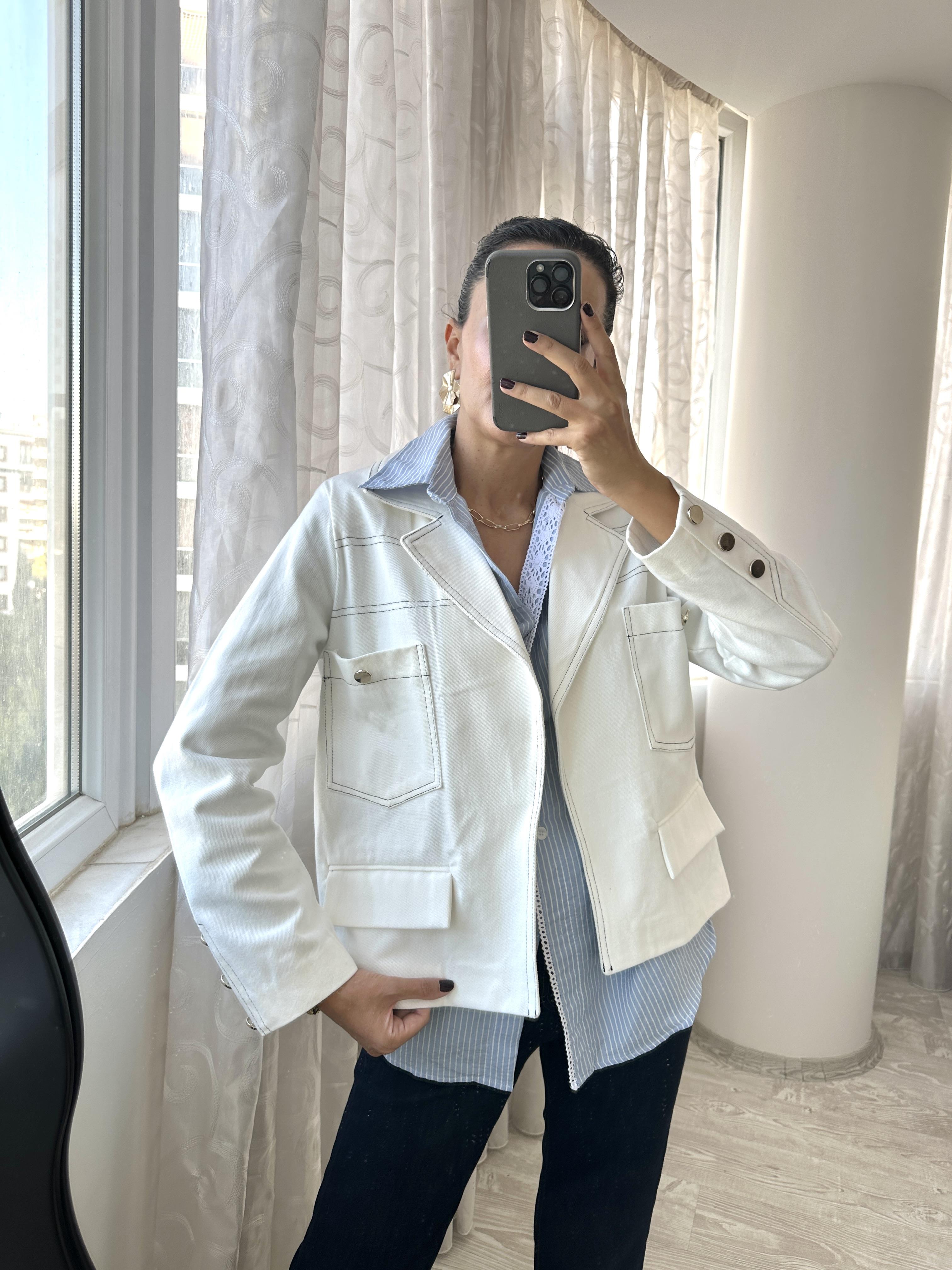 Ekru Kontrast Dikişli Vatkalı Gabardin Ceket
