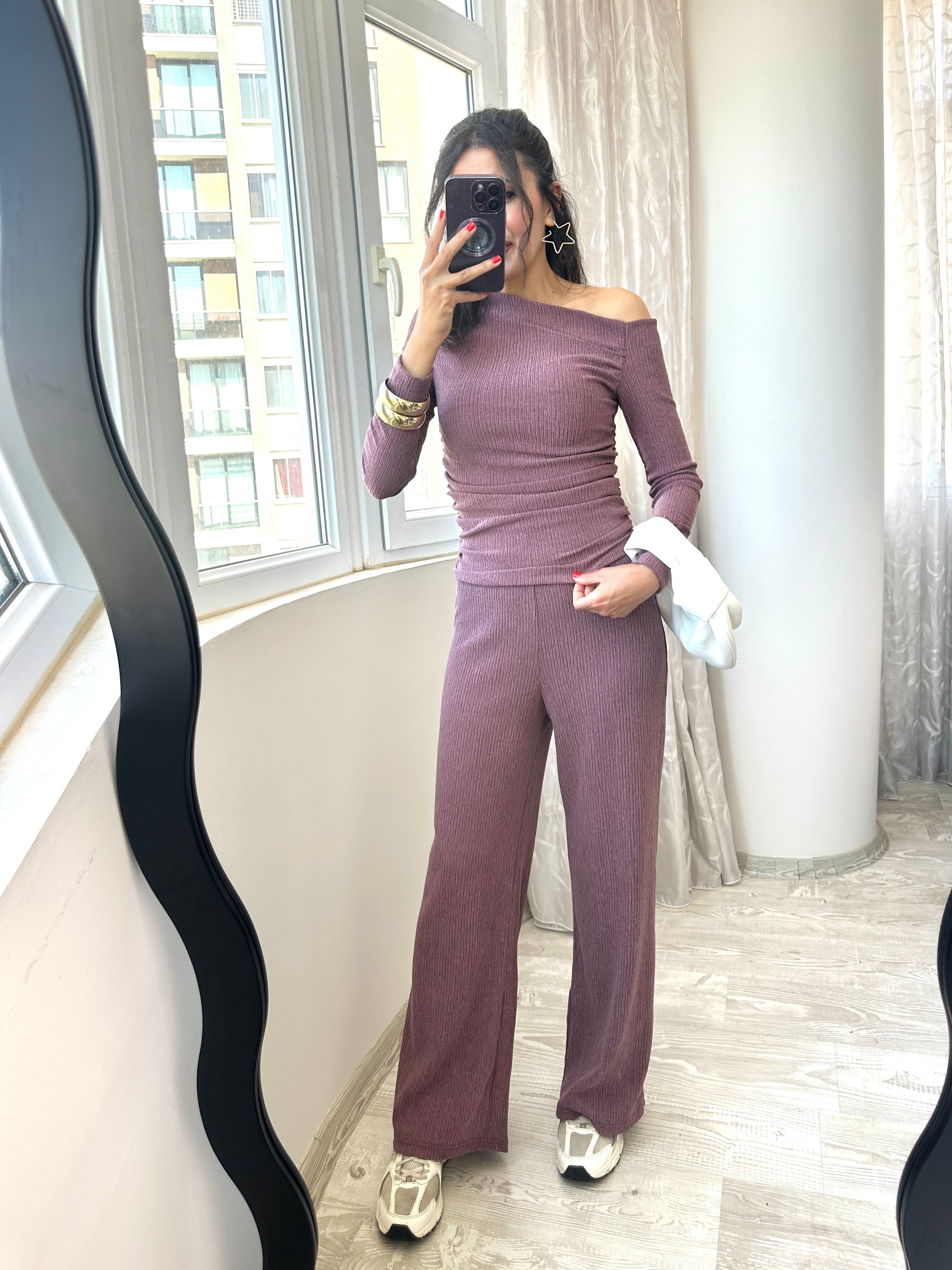 Gül Kurusu Düşük Omuzlu Bluz Pantolon Takım