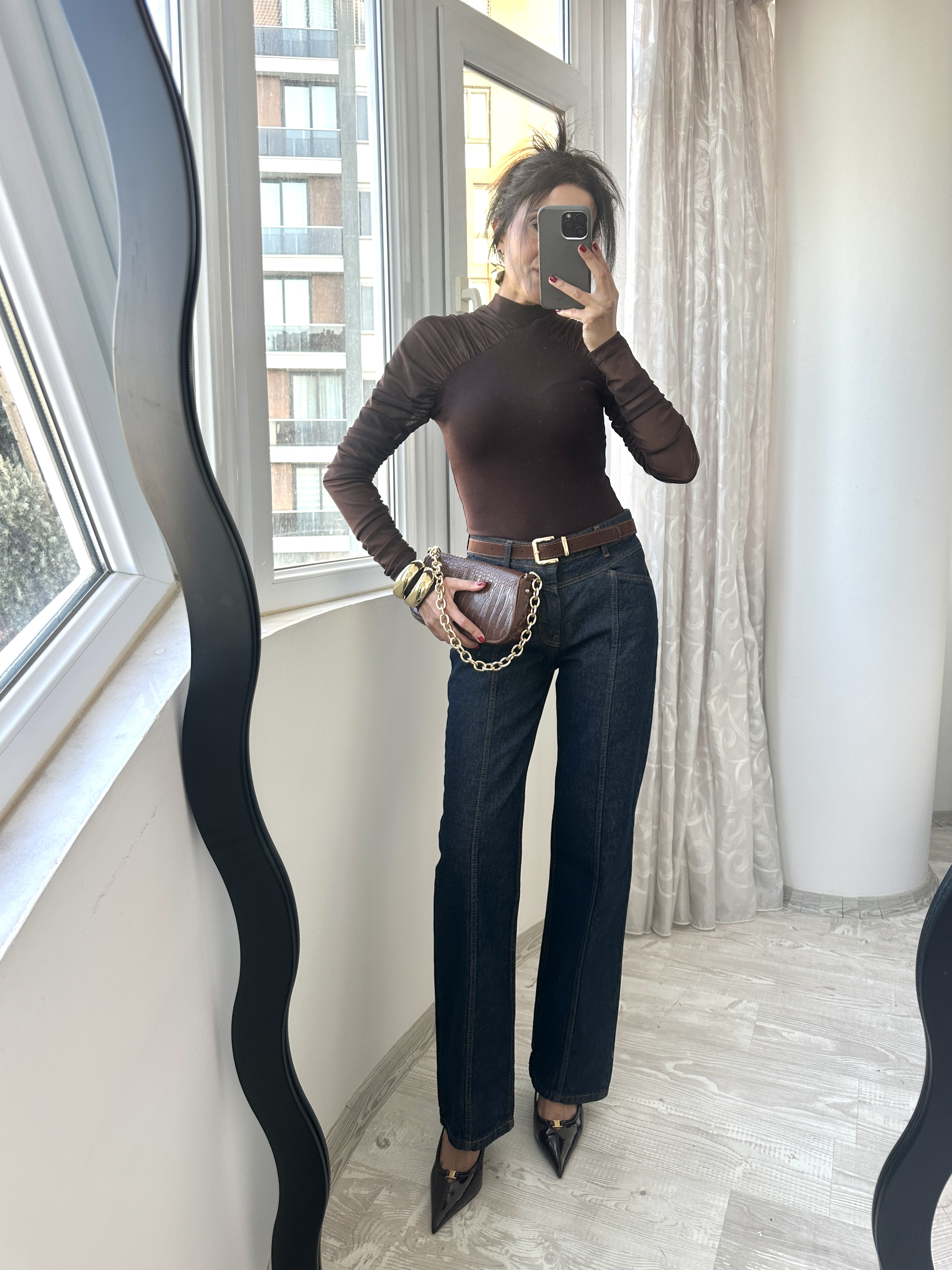 Lacivert Kemerli Dikiş Detaylı Denim Jean