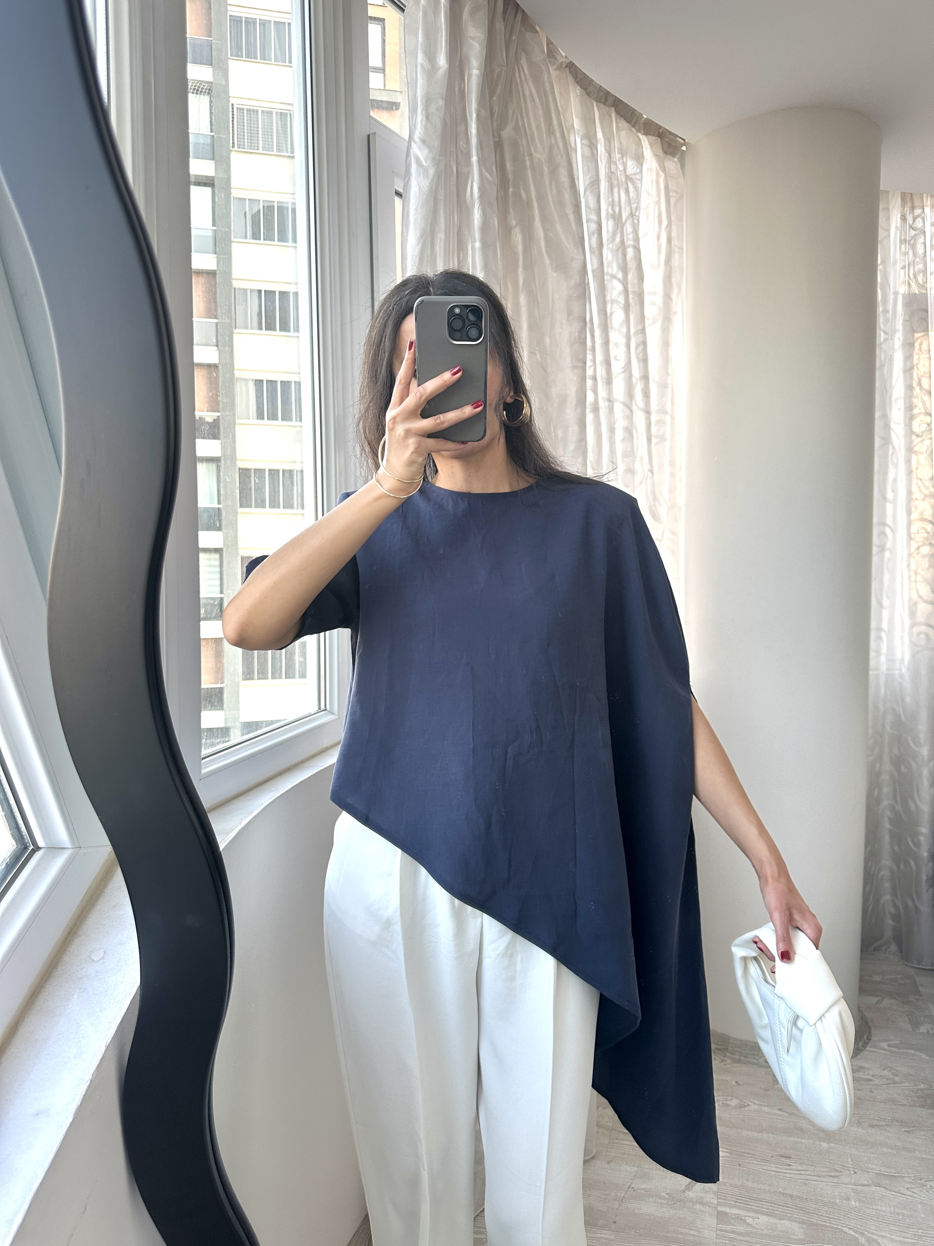 Lacivert Vatkalı Asimetrik Bluz
