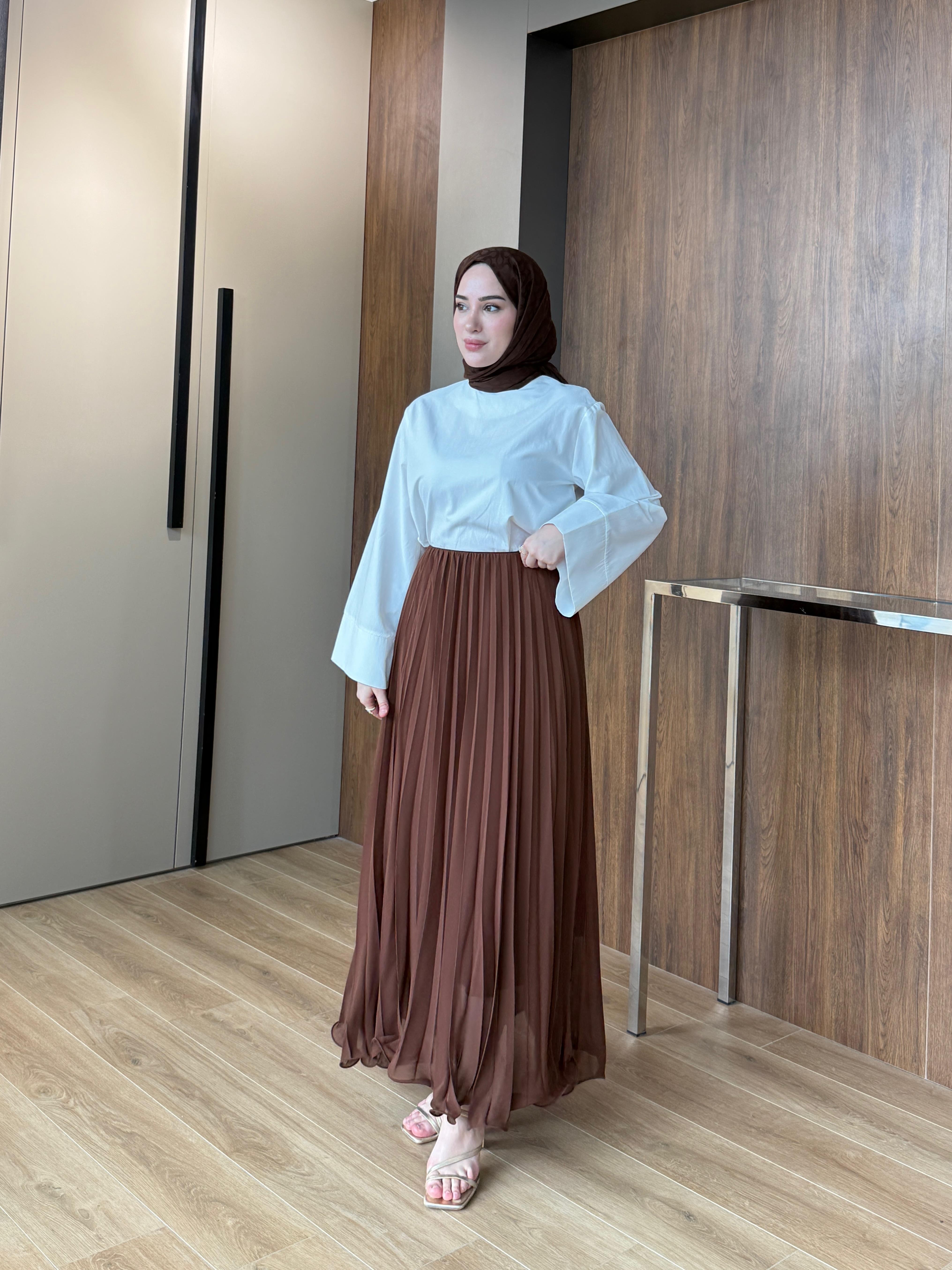 Pliseli Şifon Etek - Kahve