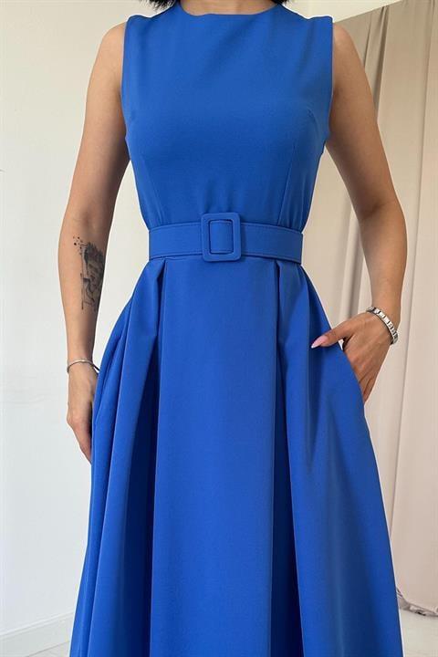 Saks Halter Yaka Kloş Elbise