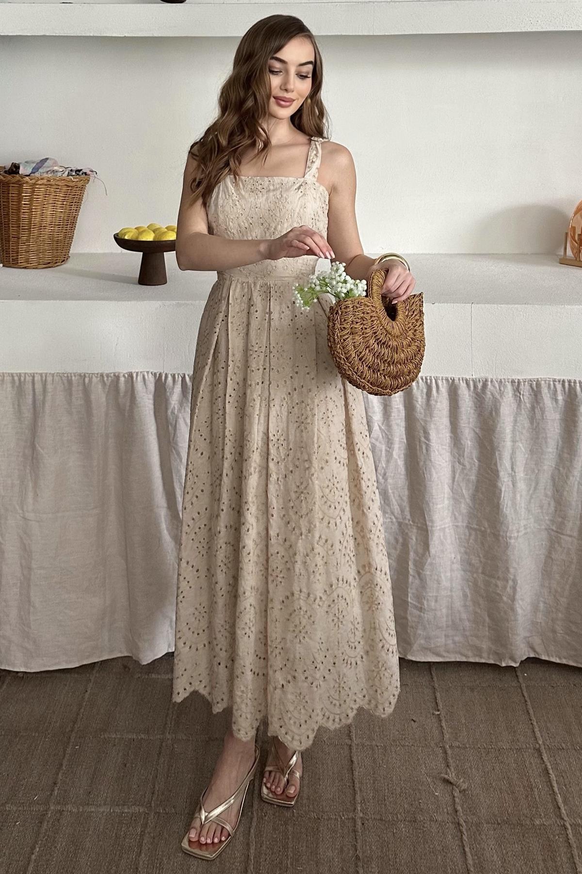 Embroidered Dress with Suspender Attachment