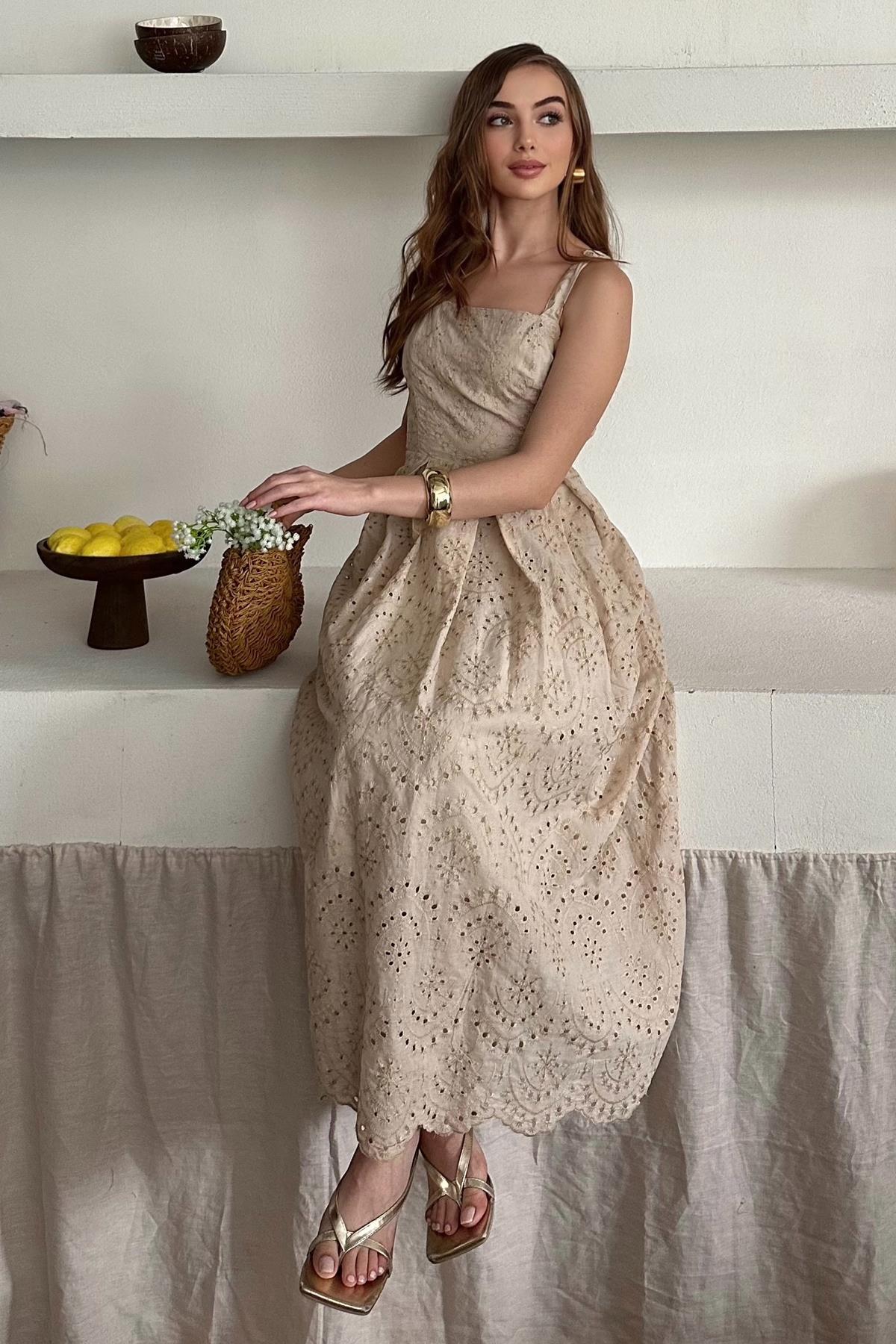 Embroidered Dress with Suspender Attachment