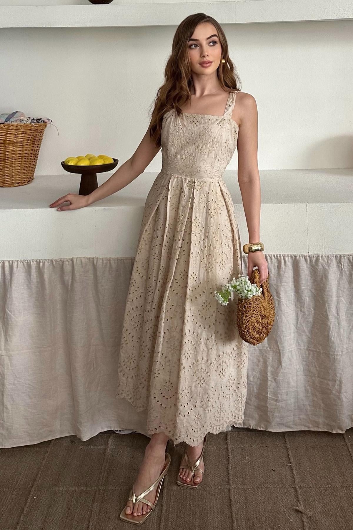 Embroidered Dress with Suspender Attachment