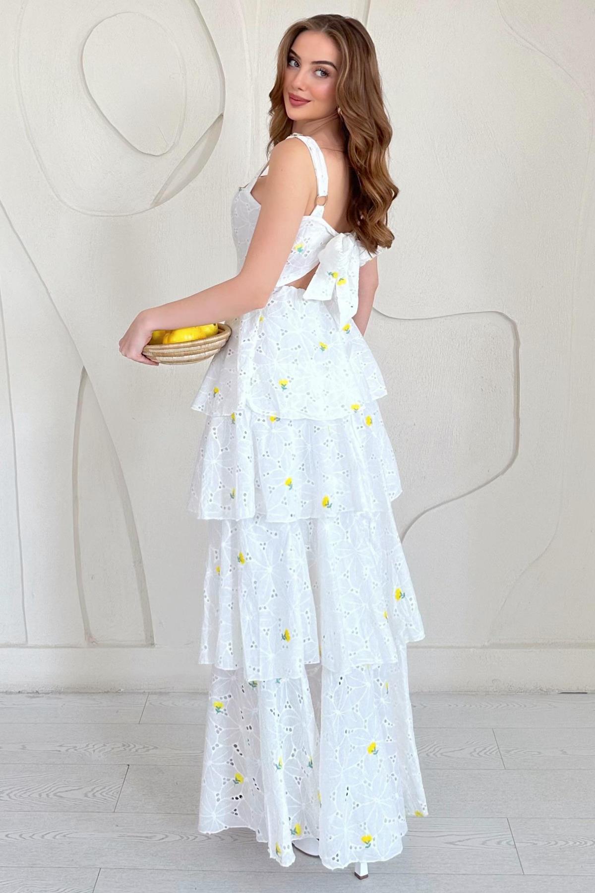 Sarı Askılı Kat Kat Arkası Bağlamalı Elbise