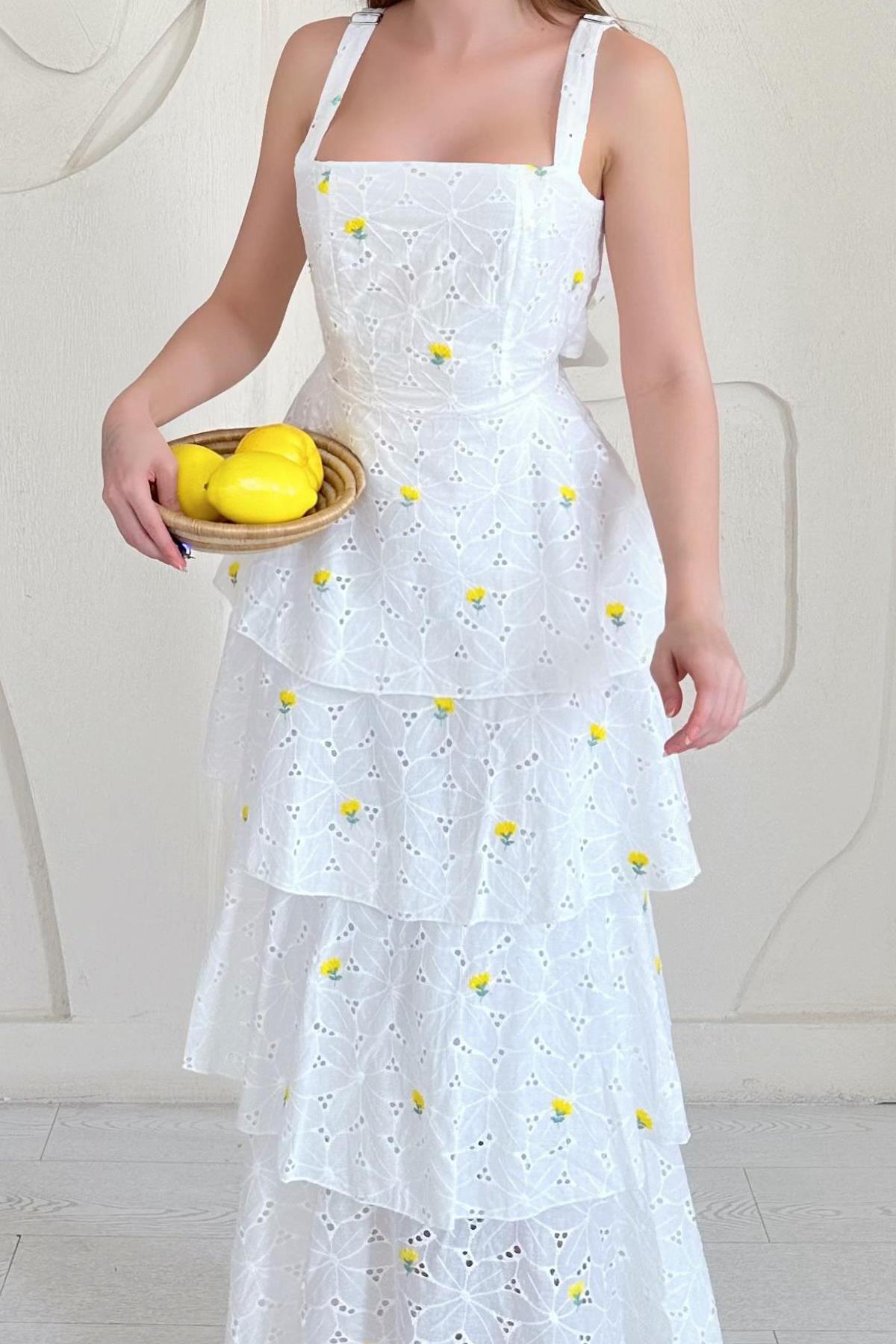 Sarı Askılı Kat Kat Arkası Bağlamalı Elbise