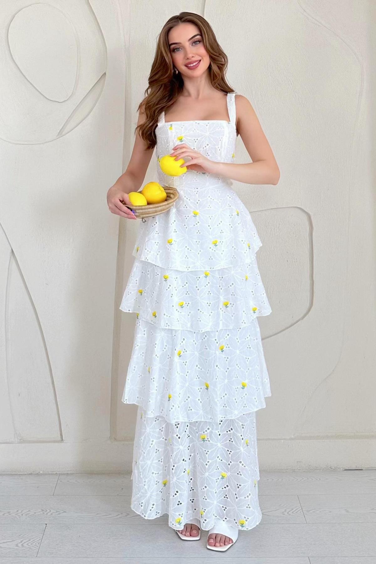 Sarı Askılı Kat Kat Arkası Bağlamalı Elbise