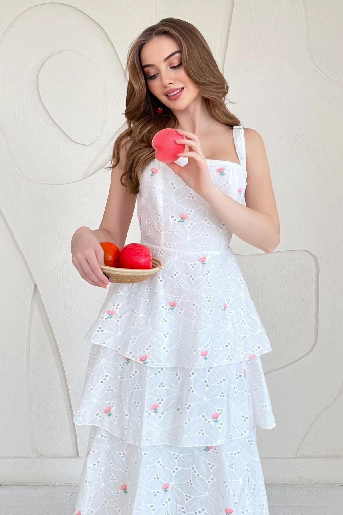 Pembe Askılı Kat Kat Arkası Bağlamalı Elbise