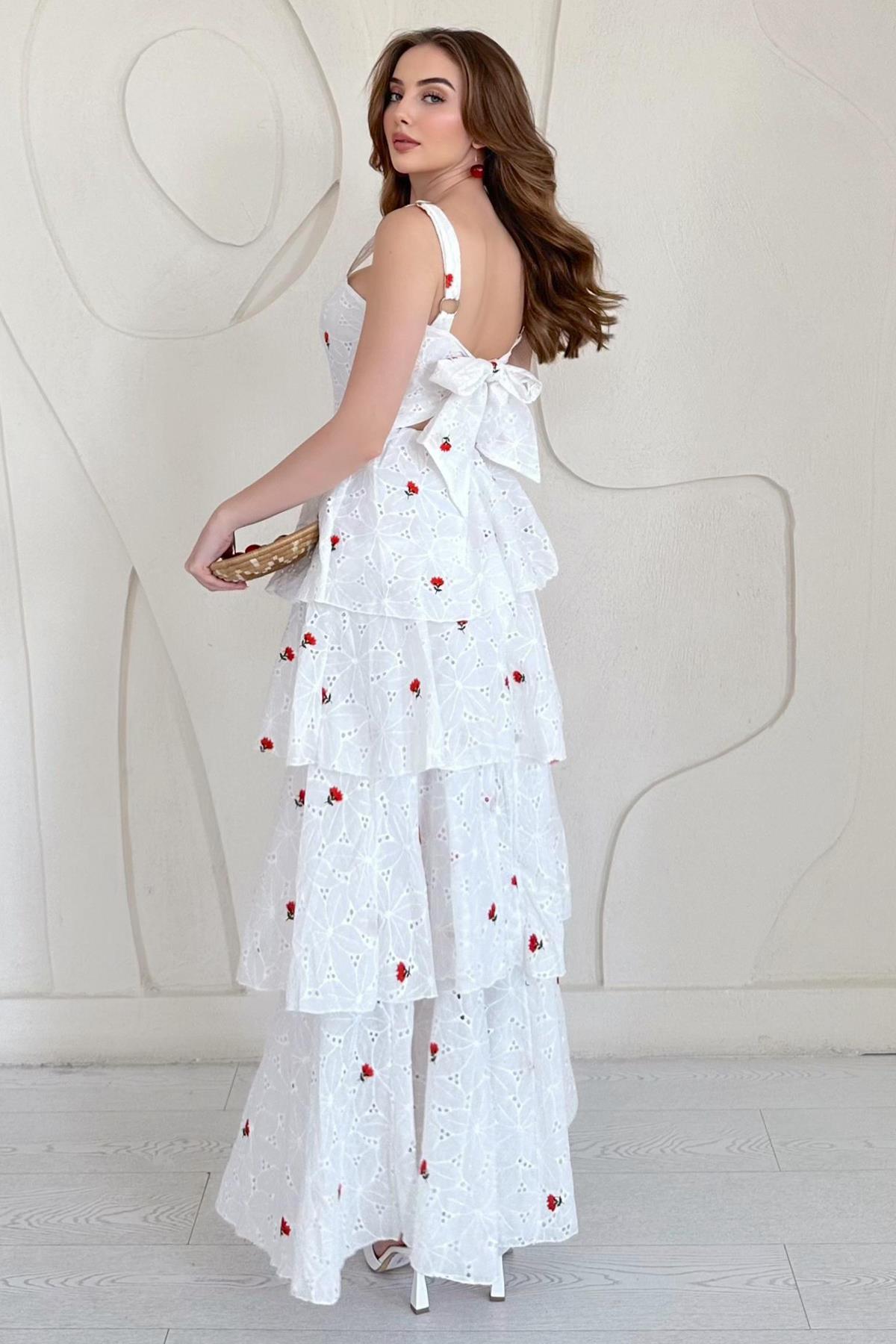 Kırmızı Askılı Kat Kat Arkası Bağlamalı Elbise