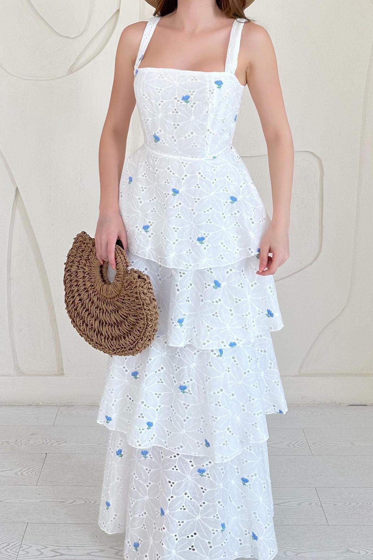 Mavi Askılı Kat Kat Arkası Bağlamalı Elbise