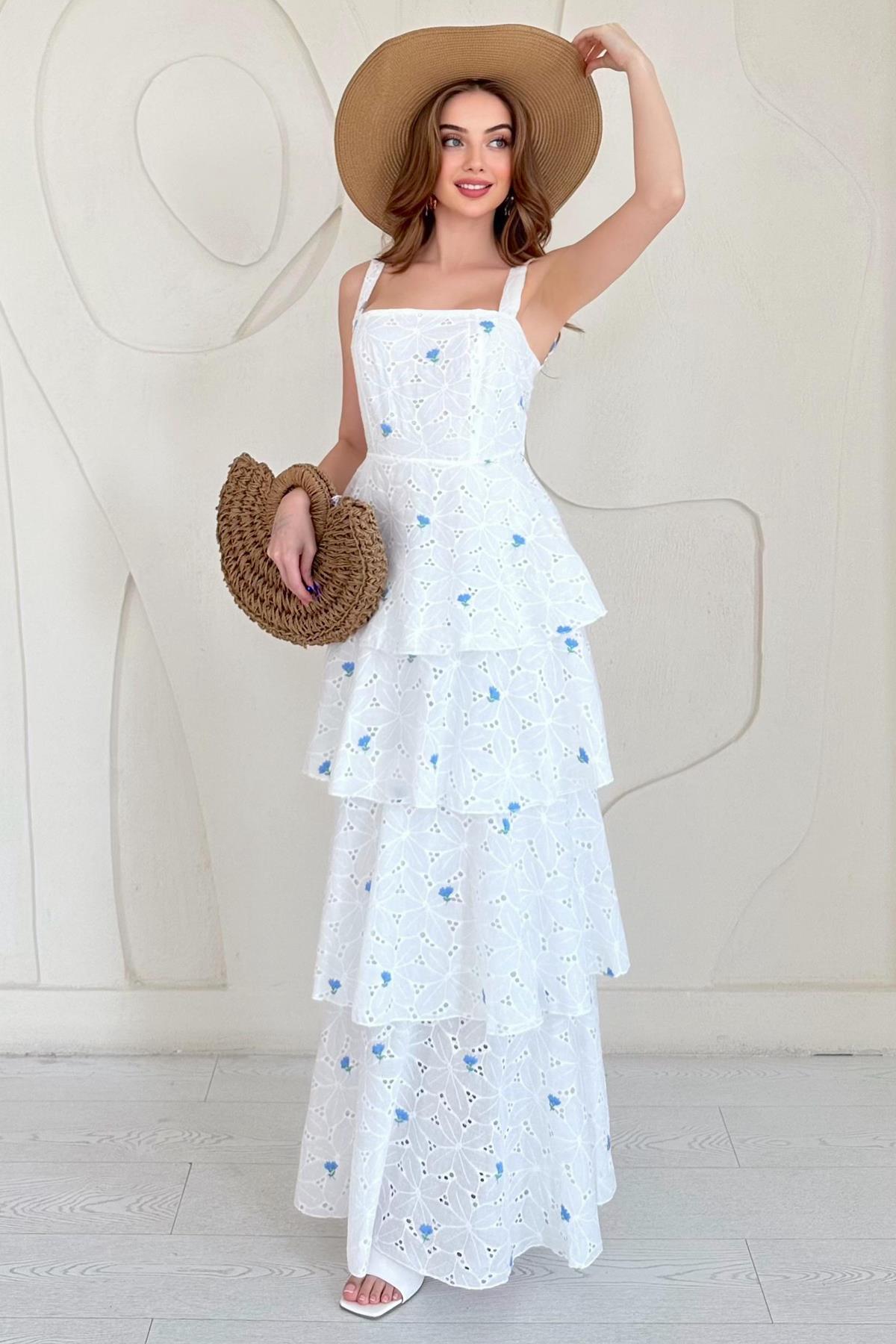 Mavi Askılı Kat Kat Arkası Bağlamalı Elbise