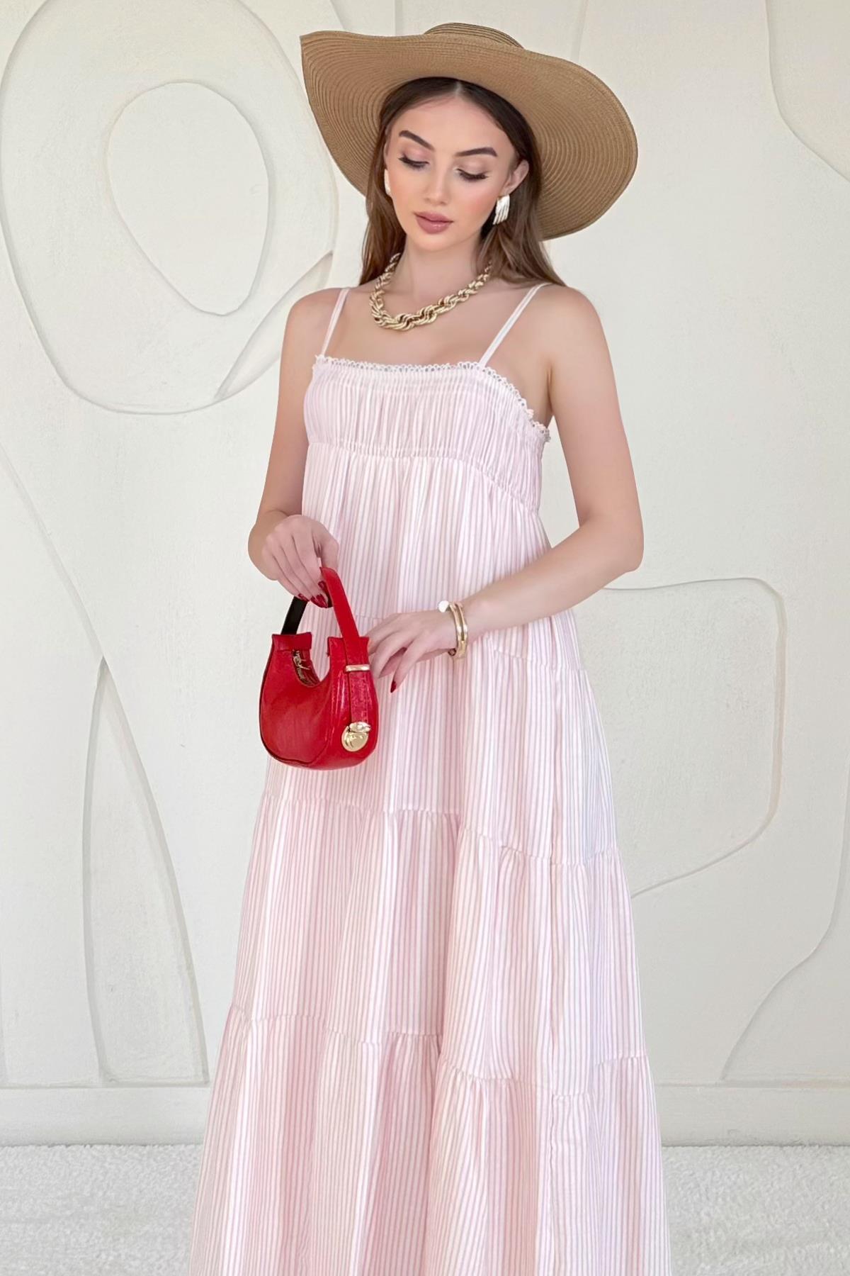 Pembe Askılı Parçalı Çizgili Müslin Elbise