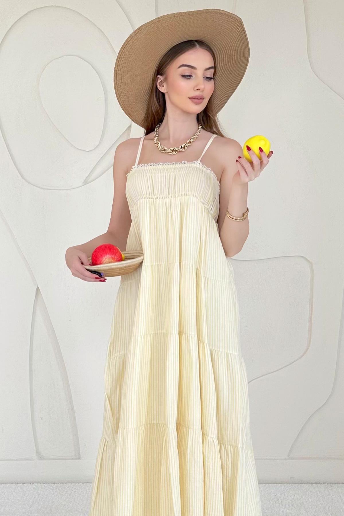 Sarı Askılı Parçalı Çizgili Müslin Elbise