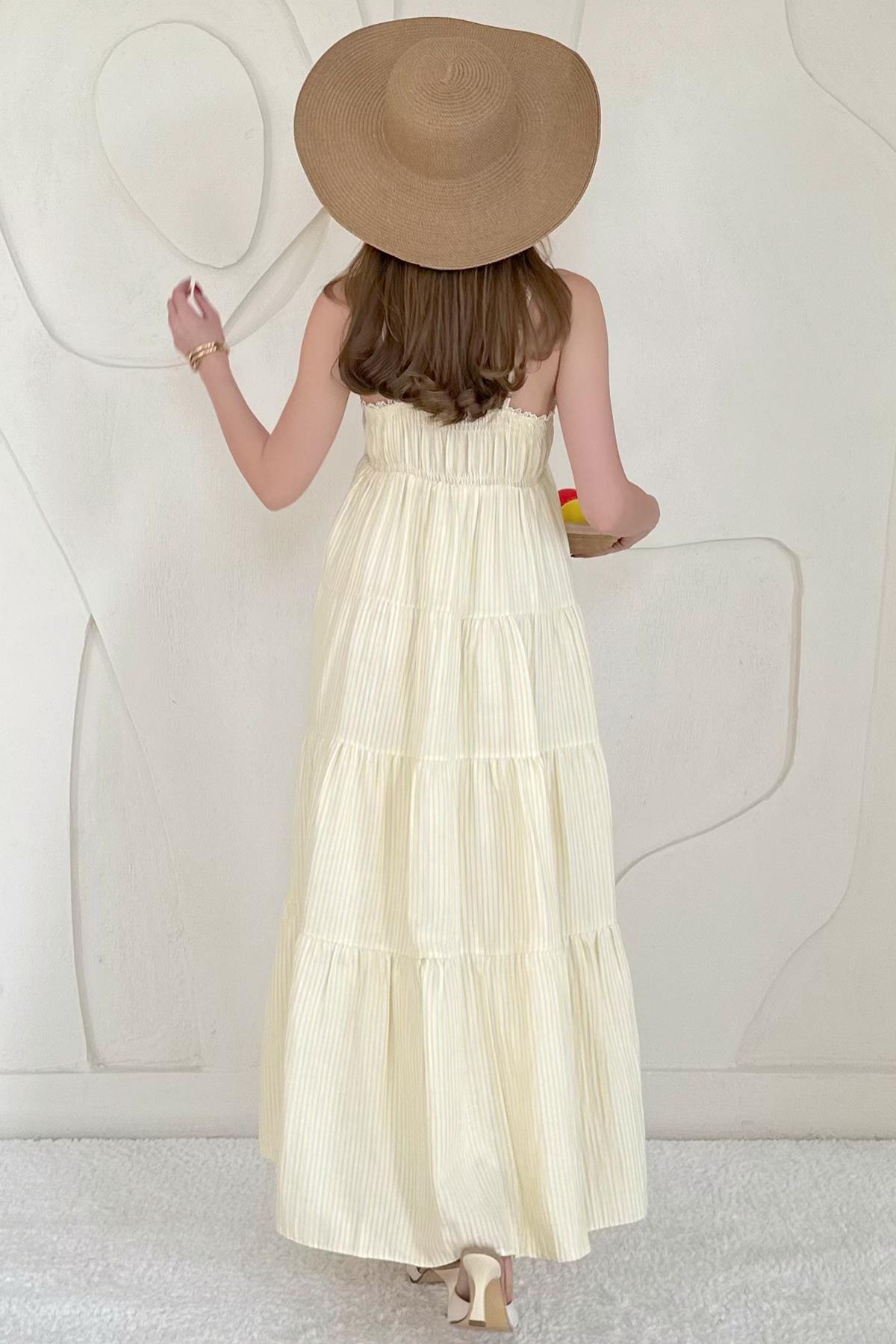 Sarı Askılı Parçalı Çizgili Müslin Elbise