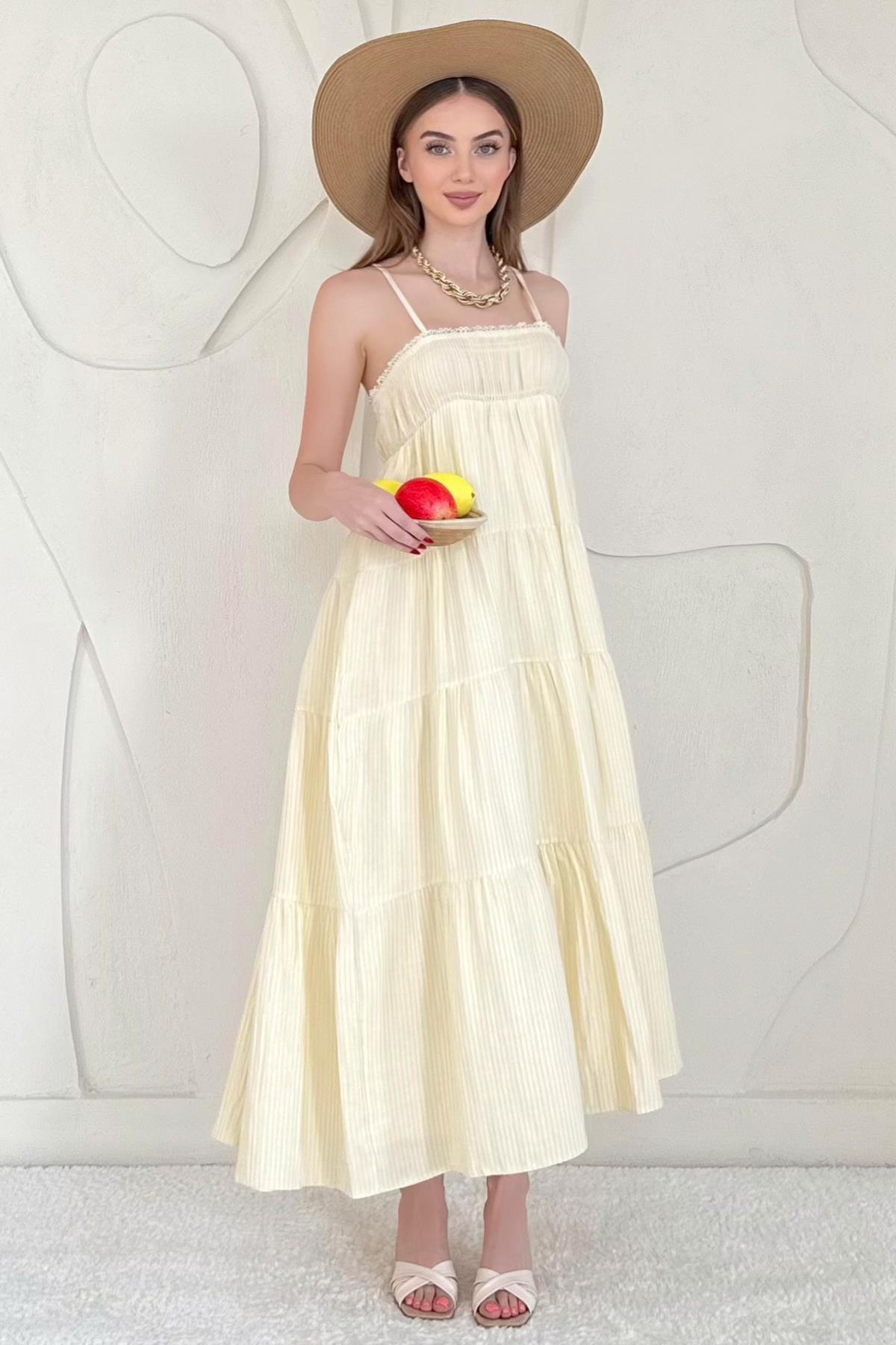 Sarı Askılı Parçalı Çizgili Müslin Elbise