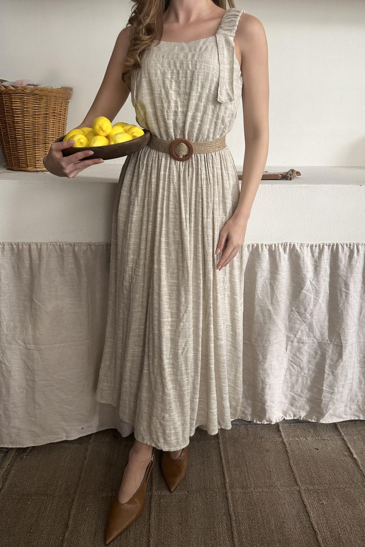 Bej Askısı Lastikli Keten Elbise