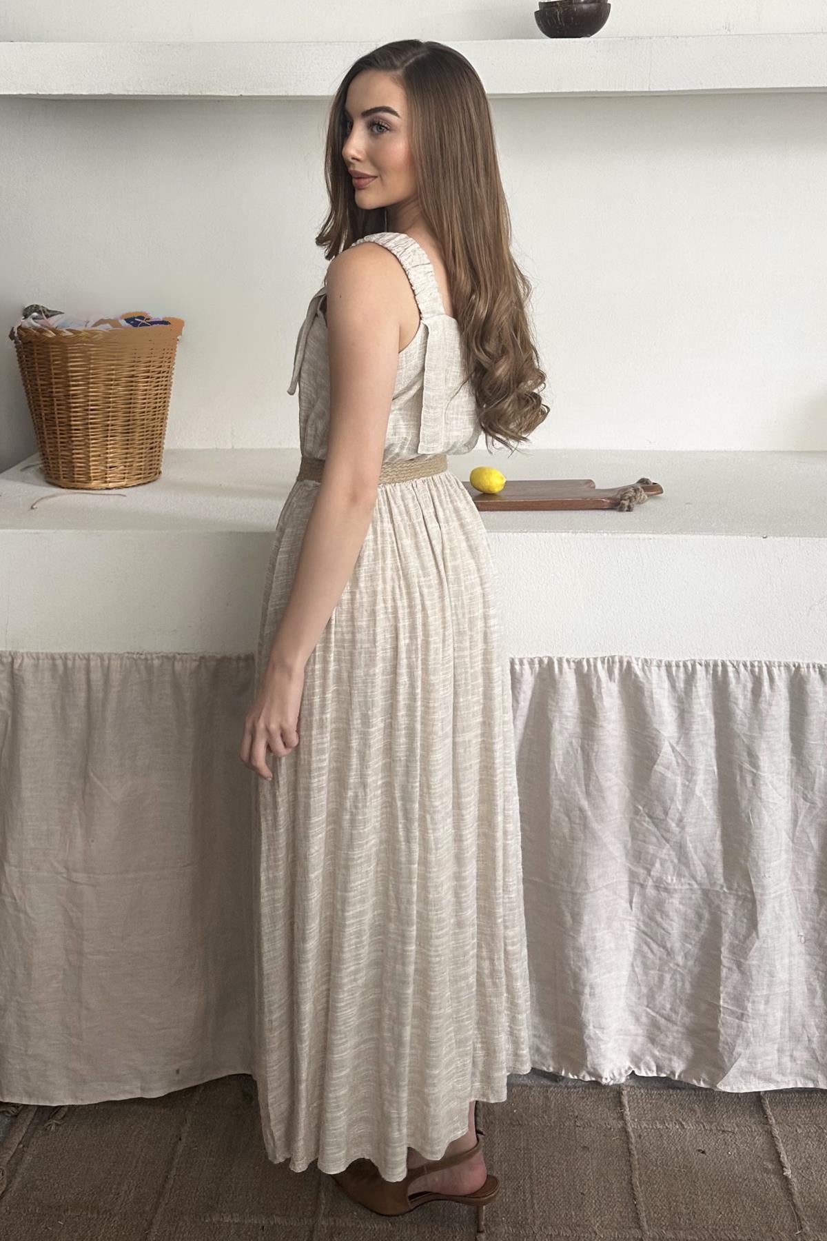 Bej Askısı Lastikli Keten Elbise