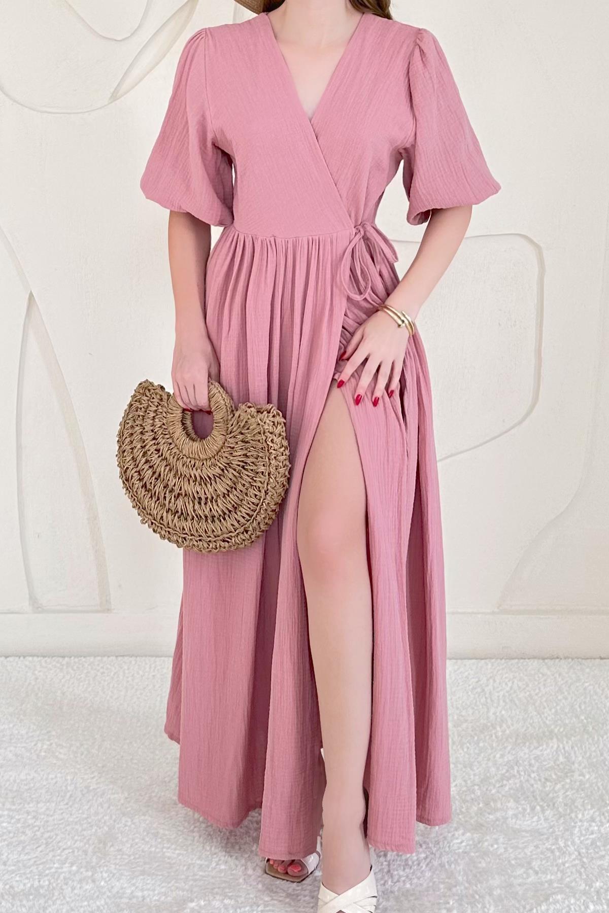 Pudra Bağlama Detaylı Müslin Elbise