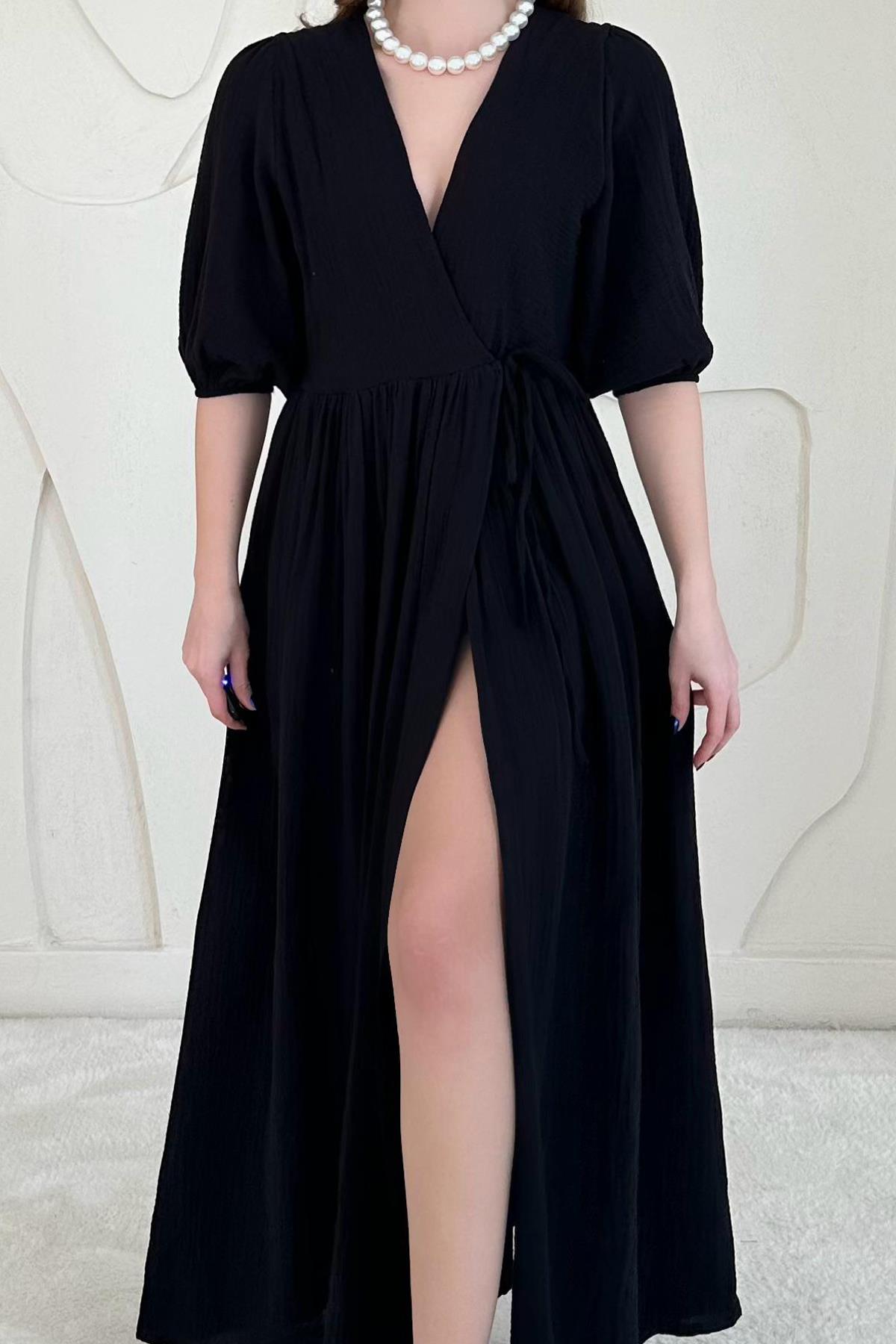 Siyah Bağlama Detaylı Müslin Elbise