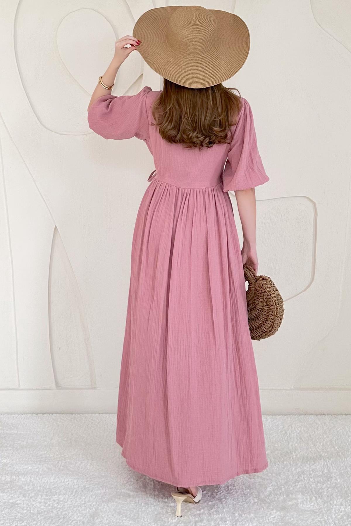 Pudra Bağlama Detaylı Müslin Elbise