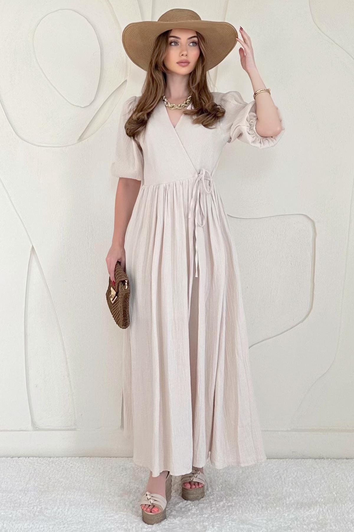 Bej Bağlama Detaylı Müslin Elbise