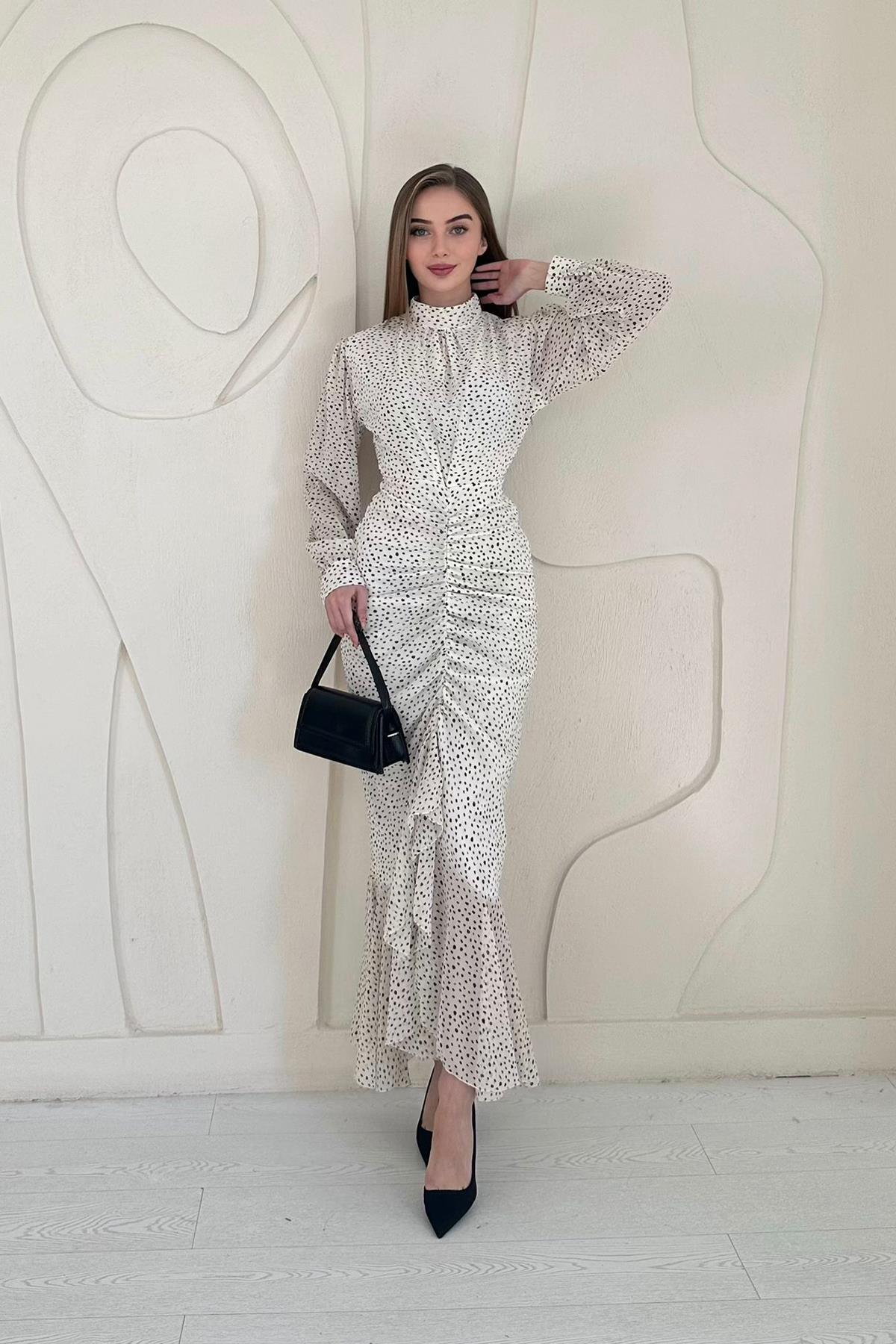 Bej Balık Şifon Elbise