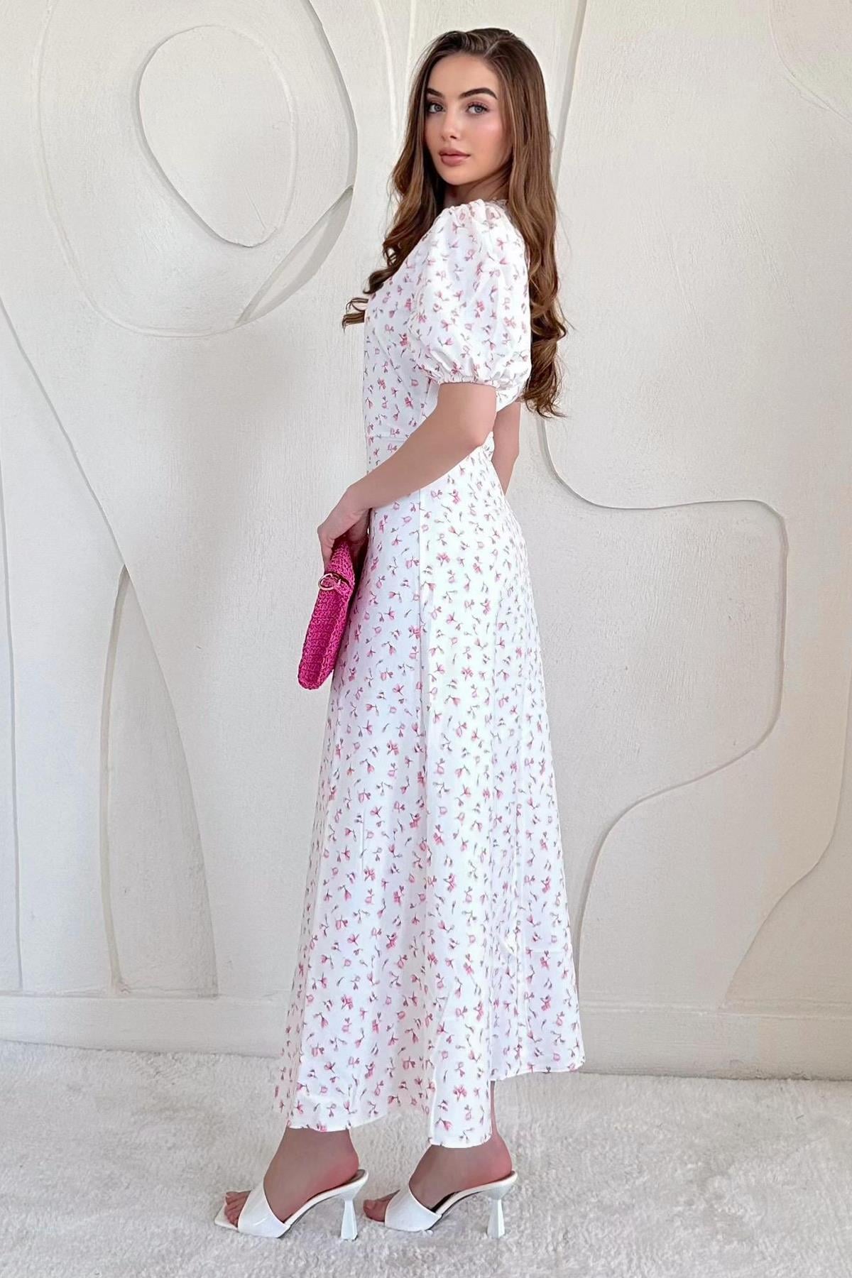 Pembe Balon Kol Çiçek Baskılı Midi Elbise