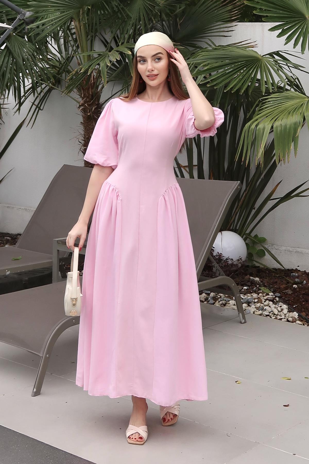 Pembe Balon Kol Detaylı Arkadan Bağlamalı Elbise