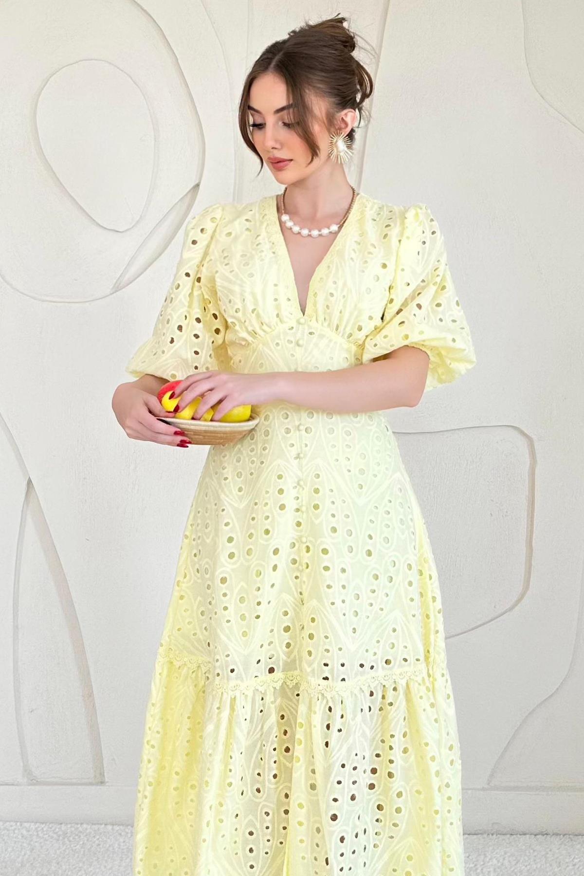 Balloon Sleeve Detailed Low-Cut Embroidered Dress