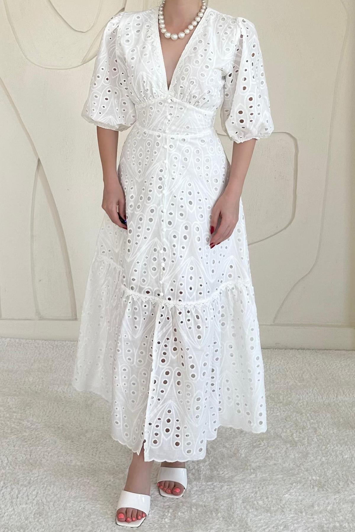 Balloon Sleeve Detailed Low-Cut Embroidered Dress