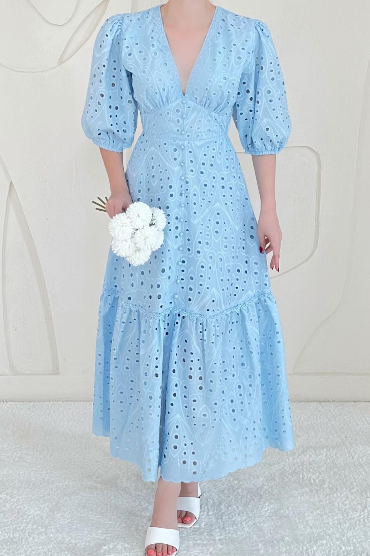 Balloon Sleeve Detailed Low-Cut Embroidered Dress