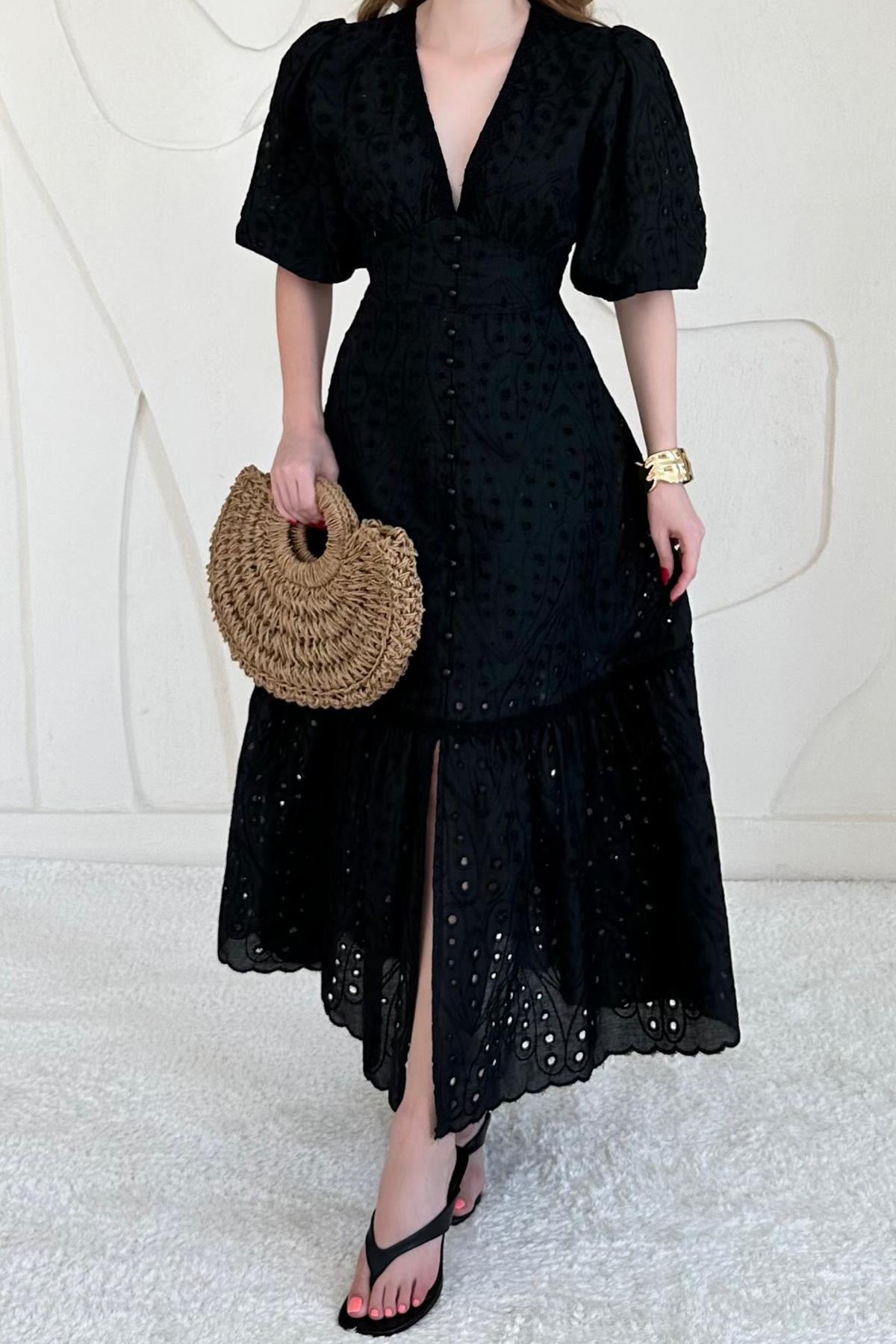 Balloon Sleeve Detailed Low-Cut Embroidered Dress
