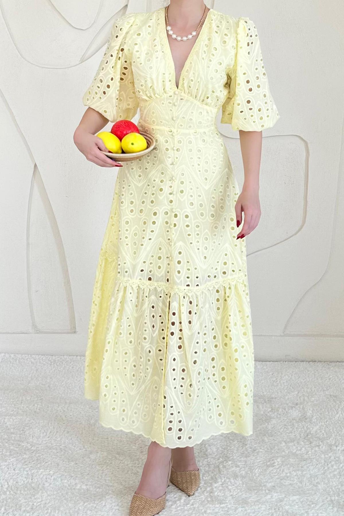 Balloon Sleeve Detailed Low-Cut Embroidered Dress
