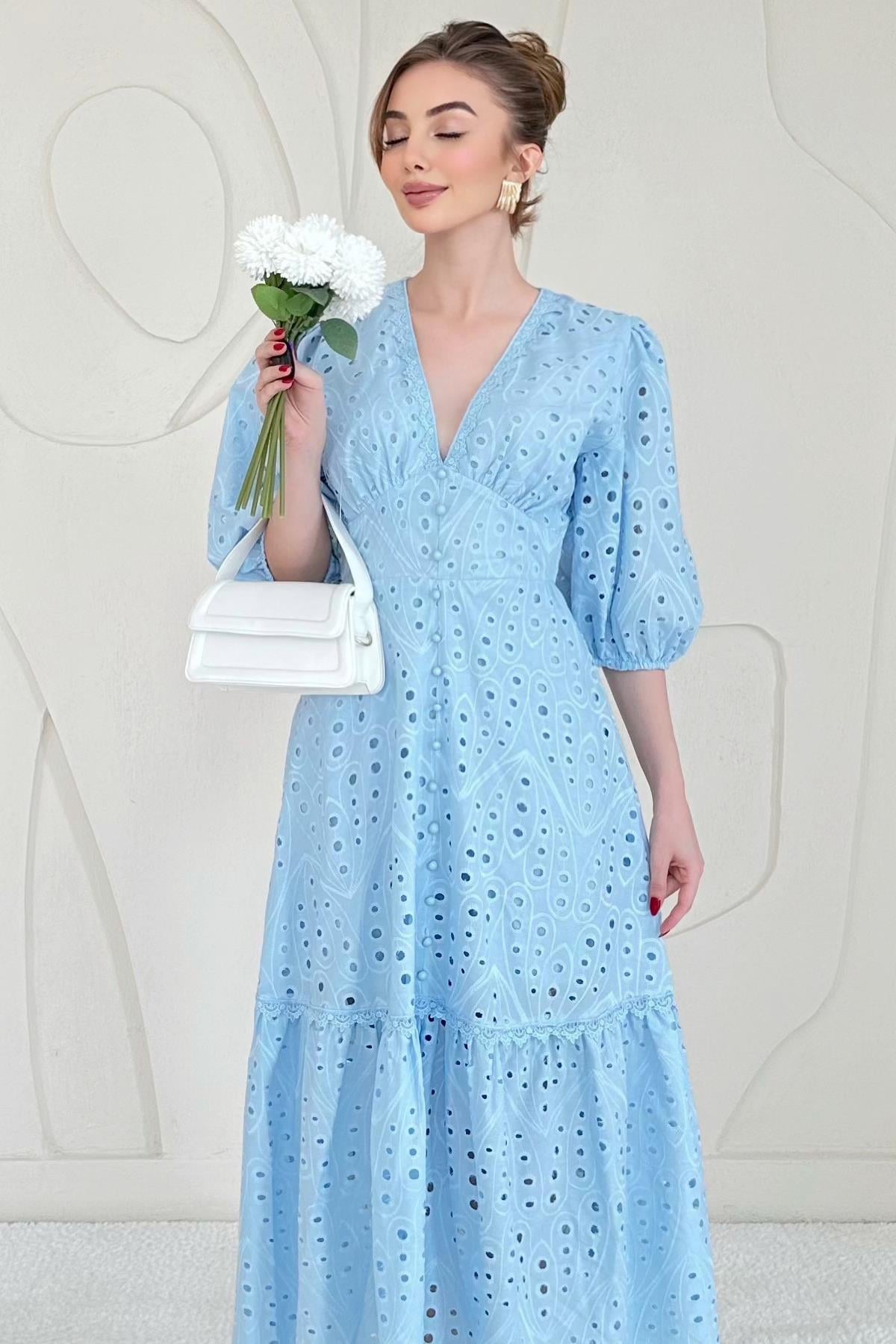 Balloon Sleeve Detailed Low-Cut Embroidered Dress