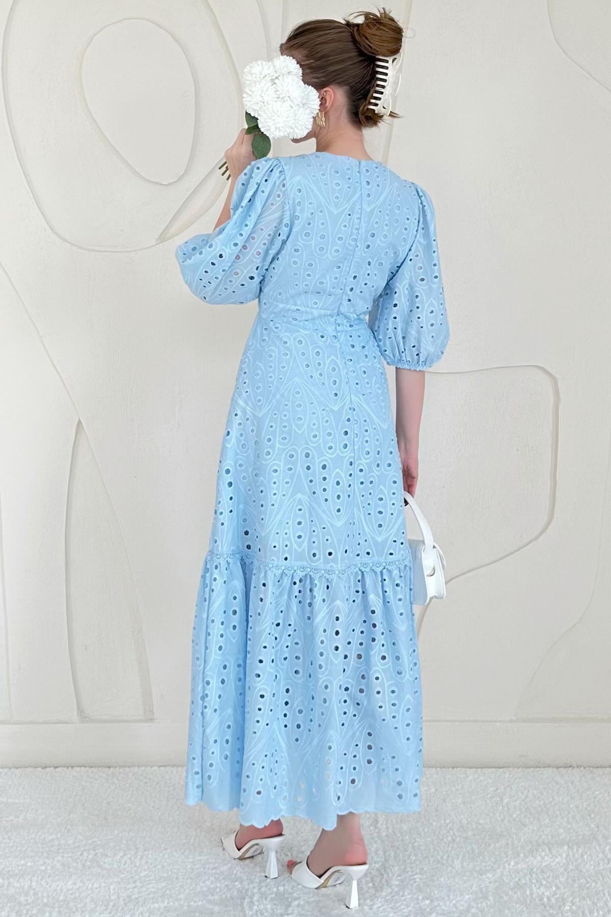 Balloon Sleeve Detailed Low-Cut Embroidered Dress