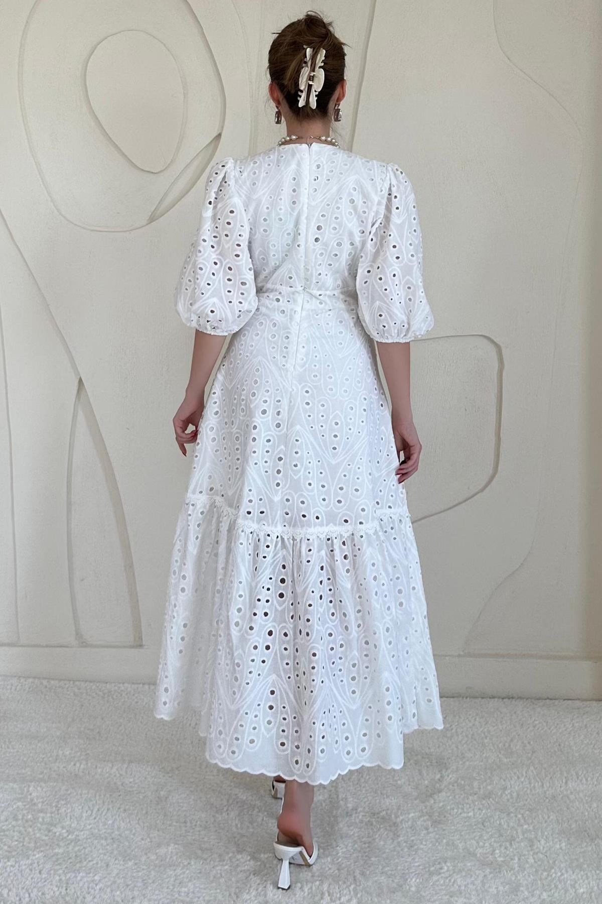 Balloon Sleeve Detailed Low-Cut Embroidered Dress