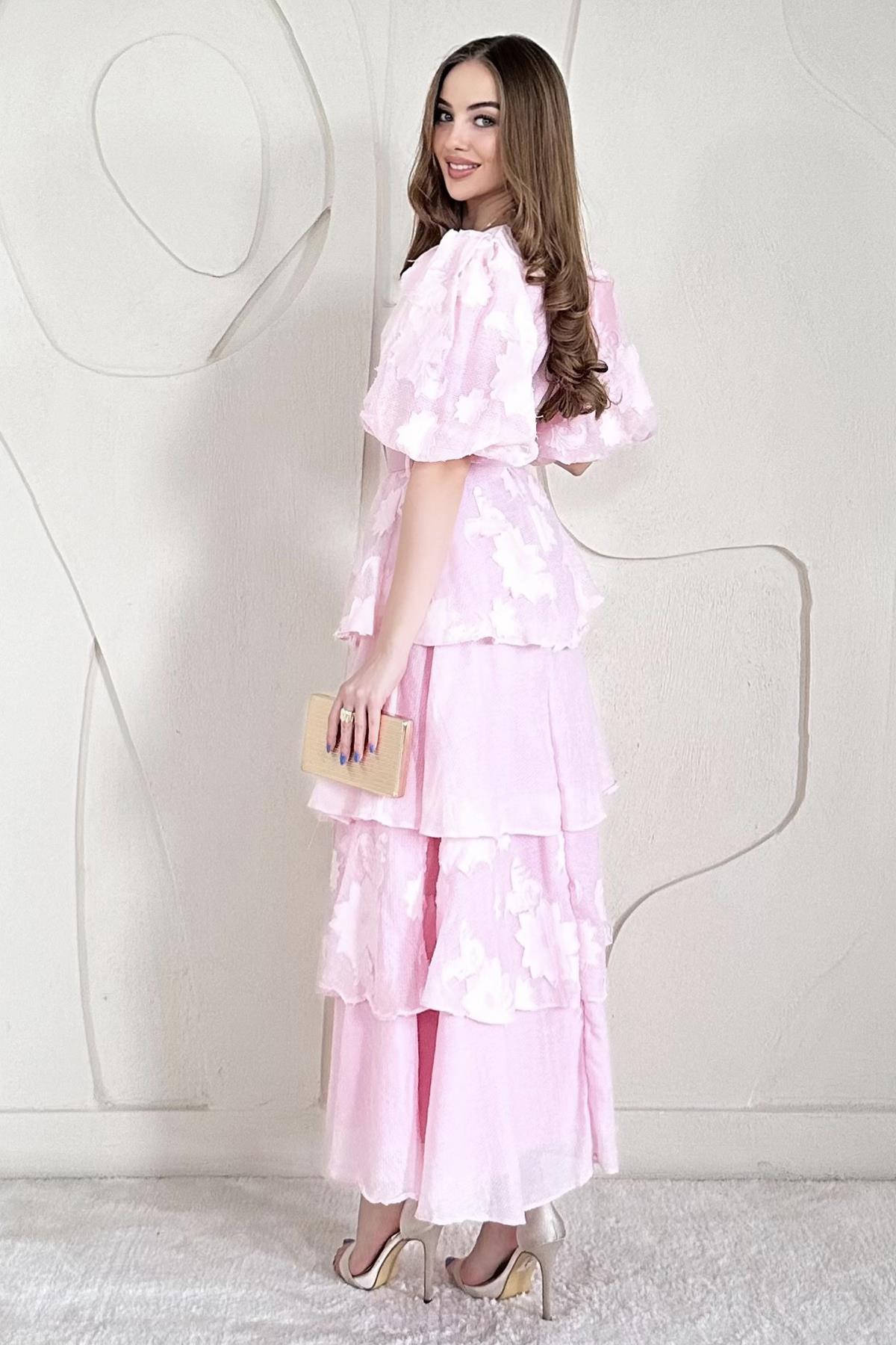Pembe Balon Kol Detaylı Kat Kat Çiçek Elbise