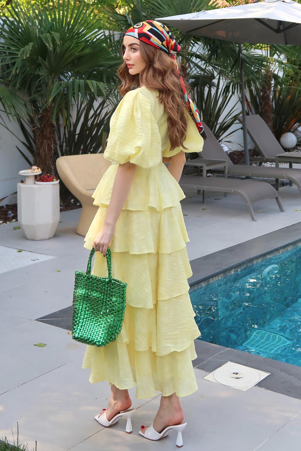 Sarı Balon Kol Detaylı Kat Kat Elbise