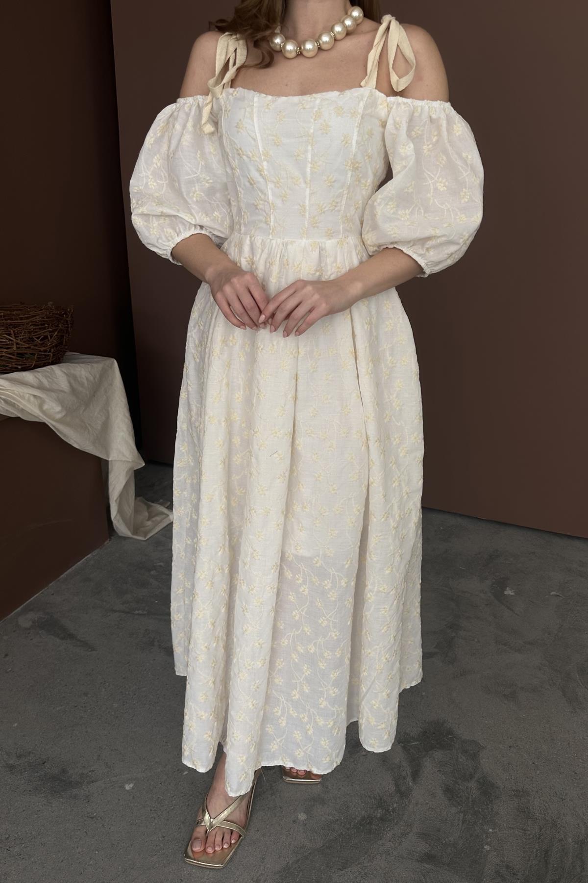 Bej Balon Kol Detaylı Omuz Bağlamalı Brode Elbise