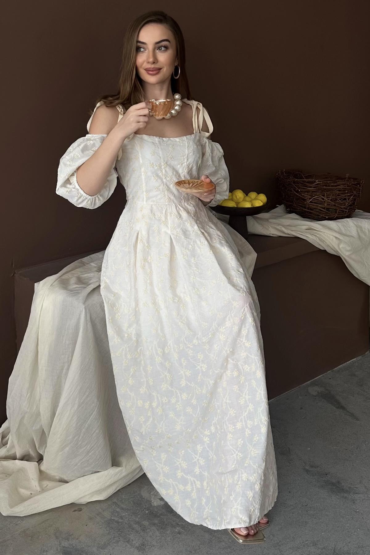 Bej Balon Kol Detaylı Omuz Bağlamalı Brode Elbise