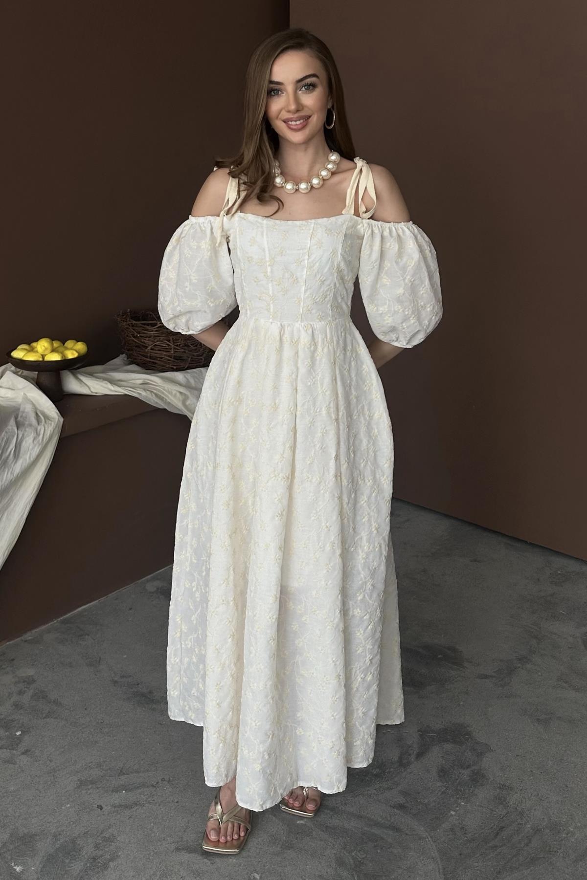 Bej Balon Kol Detaylı Omuz Bağlamalı Brode Elbise