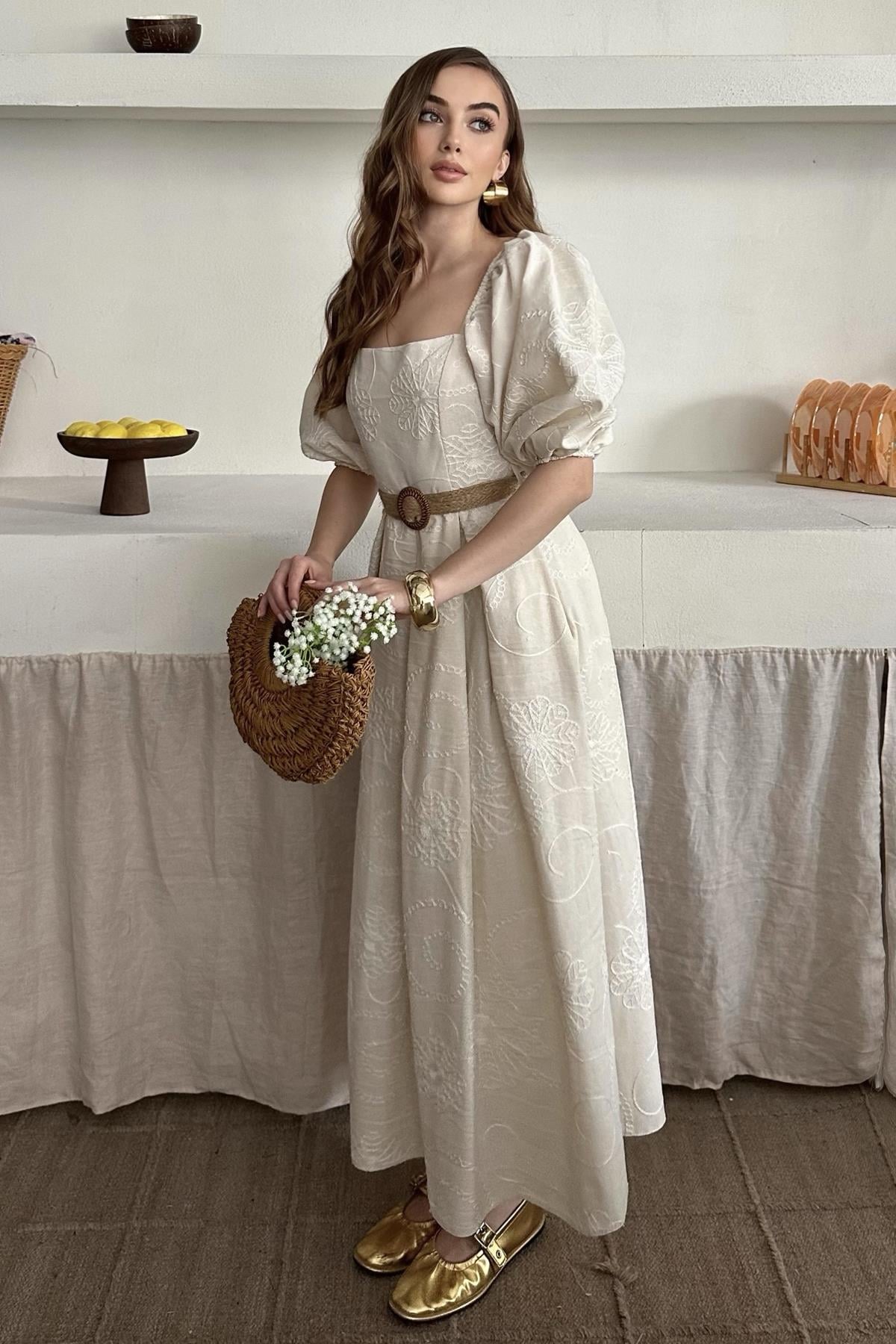 Balloon Sleeve Straw Belt Embroidered Dress
