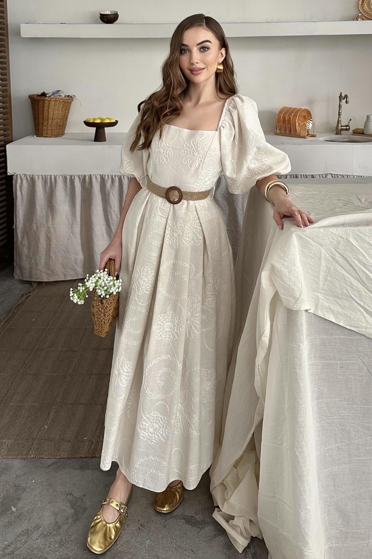 Balloon Sleeve Straw Belt Embroidered Dress