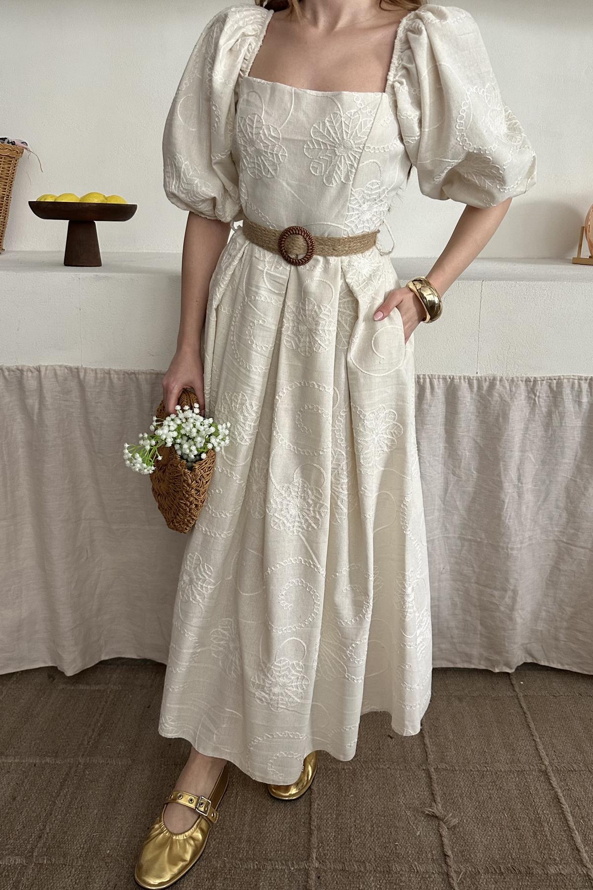 Balloon Sleeve Straw Belt Embroidered Dress