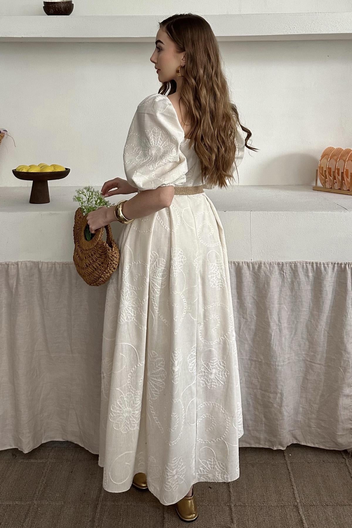 Balloon Sleeve Straw Belt Embroidered Dress