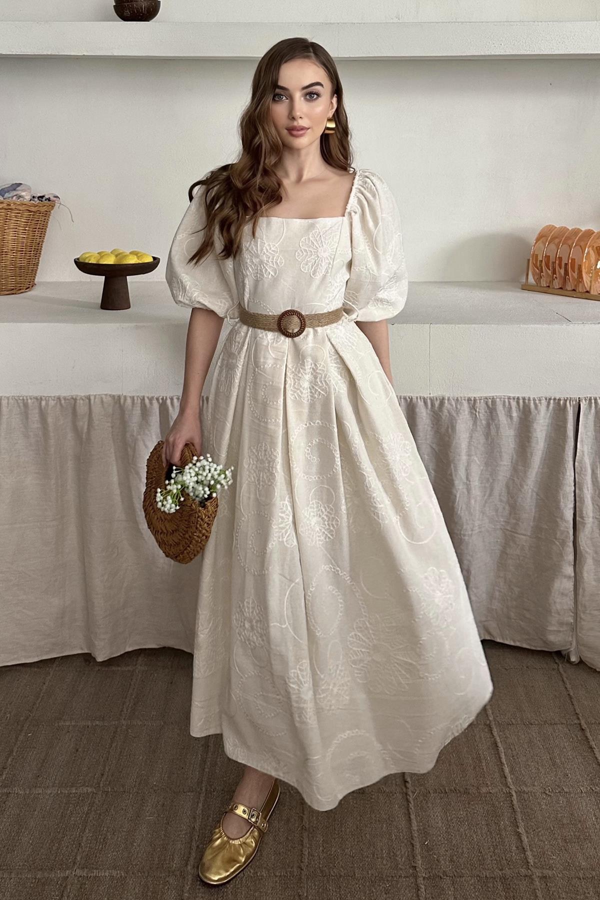 Balloon Sleeve Straw Belt Embroidered Dress