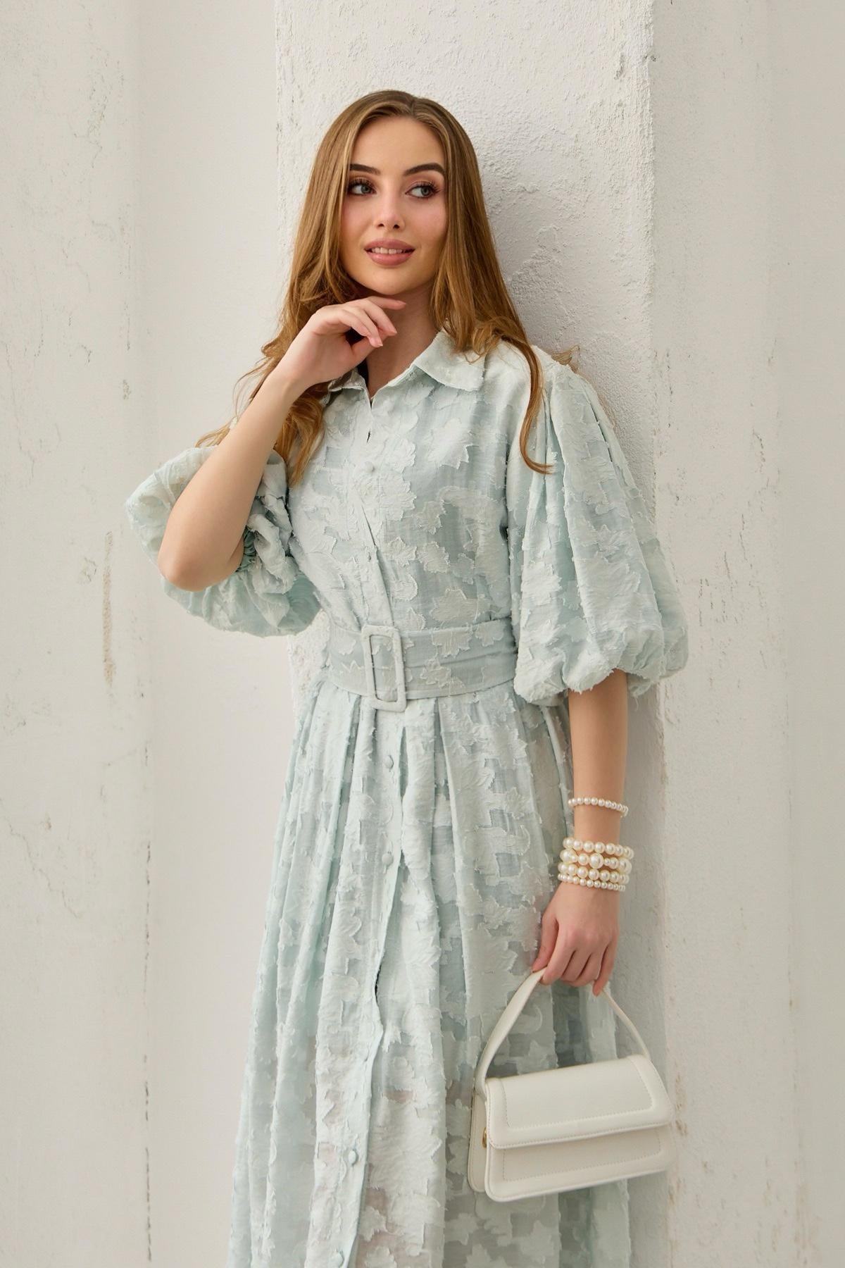 Balloon Sleeve Belted Embroidered Dress